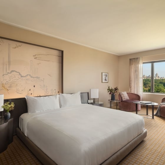 A king suite at Park Lane New York overlooking Central Park.